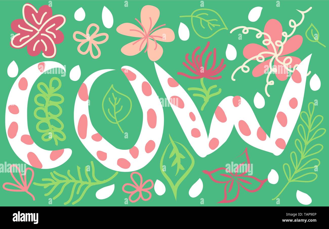 word cow lettering white in colors on green background, concept Stock ...