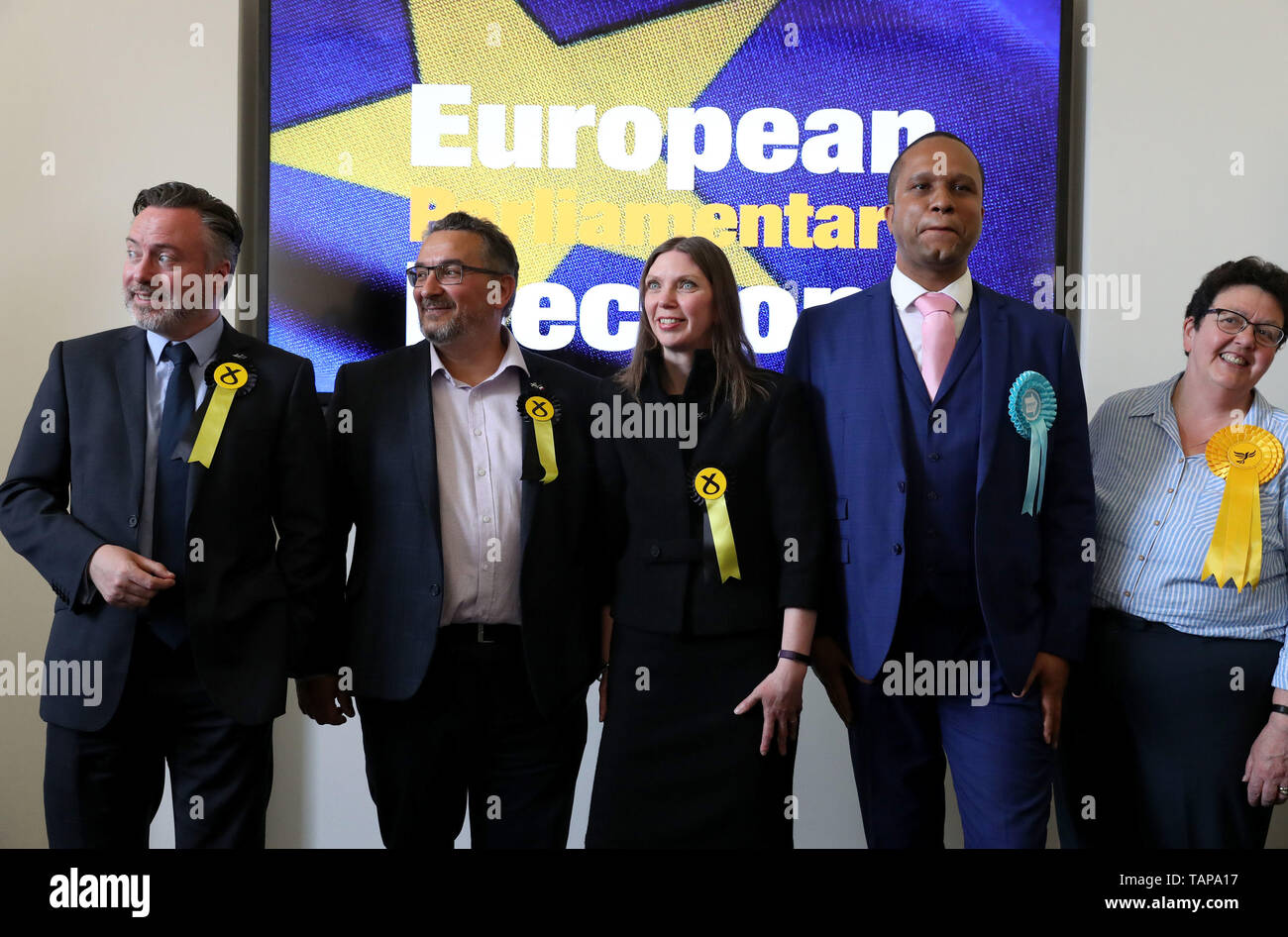 Newly elected MEPs L-r Alyn Smith, Christian Allard, Aileen McLeod, Louis Stedman-Bryce and Sheila Ritchie at the European Parliamentary elections count at the City Chambers in Edinburgh. Stock Photo