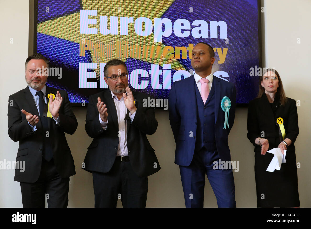 Newly elected MEPs L-r Alyn Smith, Christian Allard, Louis Stedman-Bryce and Aileen McLeod at the European Parliamentary elections count at the City Chambers in Edinburgh. Stock Photo