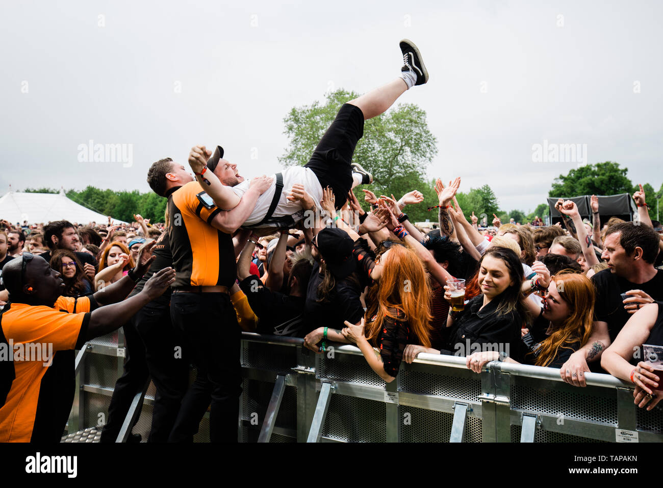 Hatfield, United Kingdom, 26th May 2019. Crowd surfers during Anti-flags performance at the Slam Dunk South Festival, Hatfield. It is the UK's biggest one day Independent Rock Festival. Credit: Richard Etteridge / Alamy Live News Stock Photo