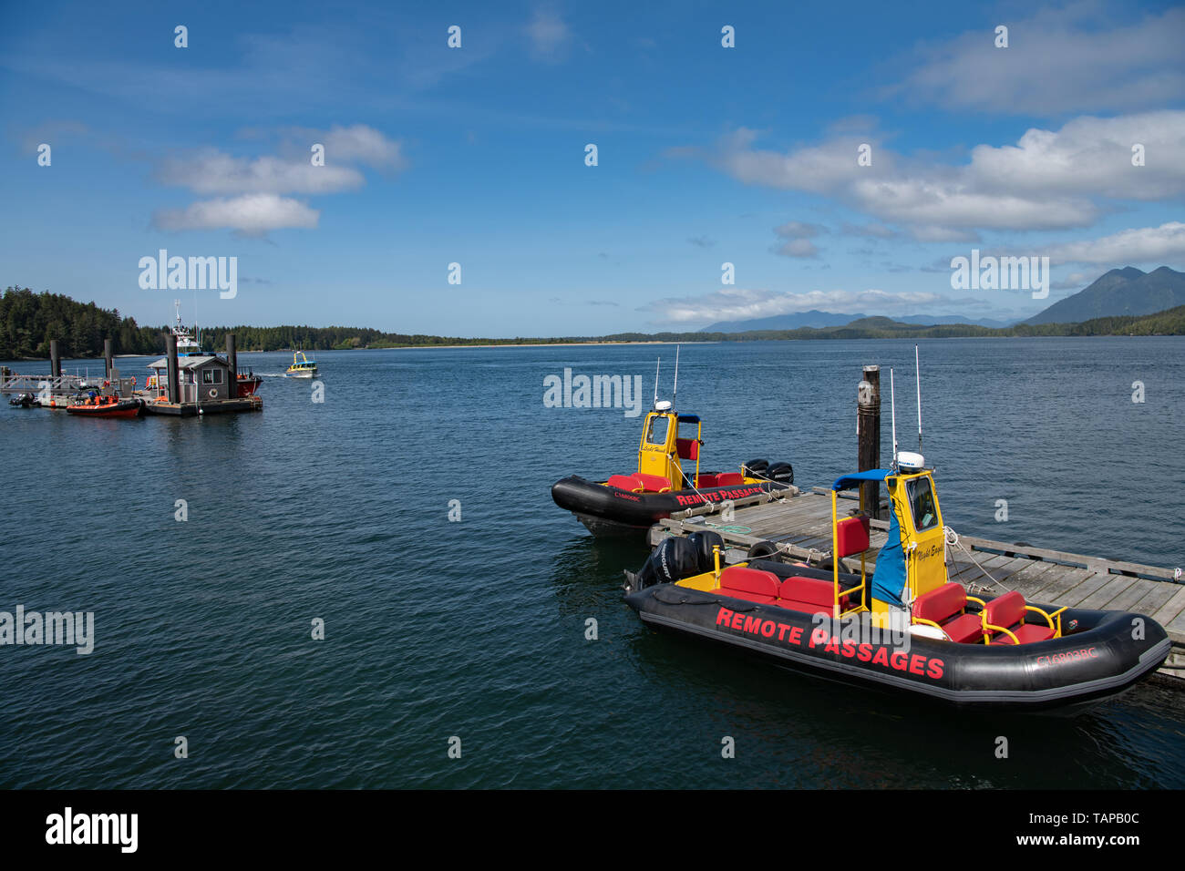 zodiac boats used for bear watching trips in Tofino Vancouver Island British Columbia, Canada Stock Photo