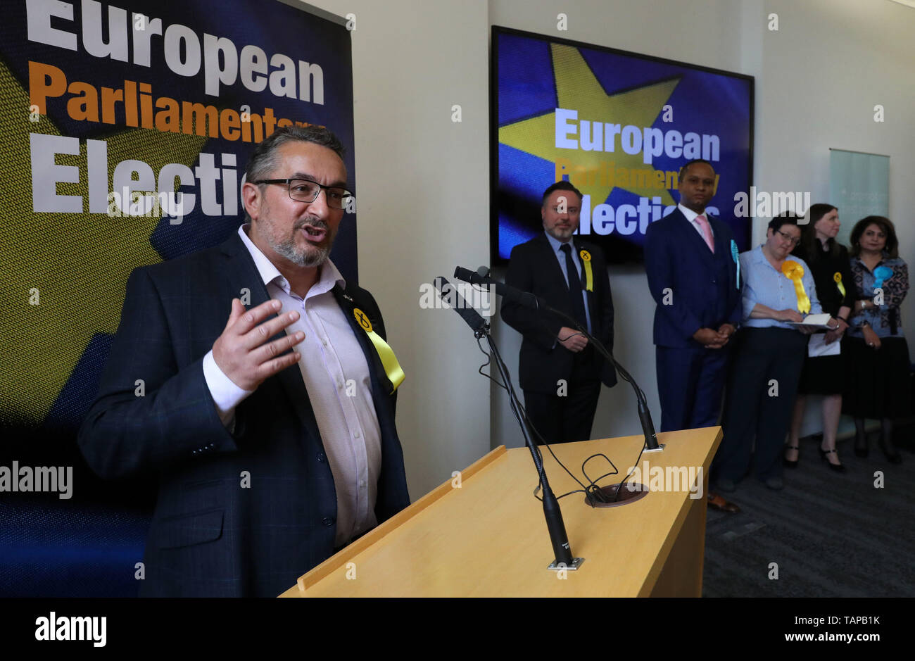 Newly elected SNP MEP Christian Allard makes a speech at the European Parliamentary elections count at the City Chambers in Edinburgh. Stock Photo