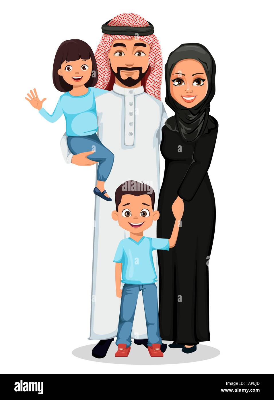 Happy Arab family. Father, mother, son and daughter. Cheerful cartoon  characters. Parents and children. Vector illustration Stock Vector Image &  Art - Alamy