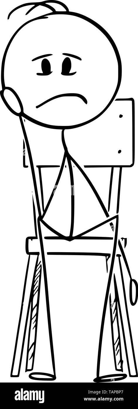 Vector cartoon stick figure drawing conceptual illustration of depressed, frustrated or sad man sitting on chair and thinking . Stock Vector