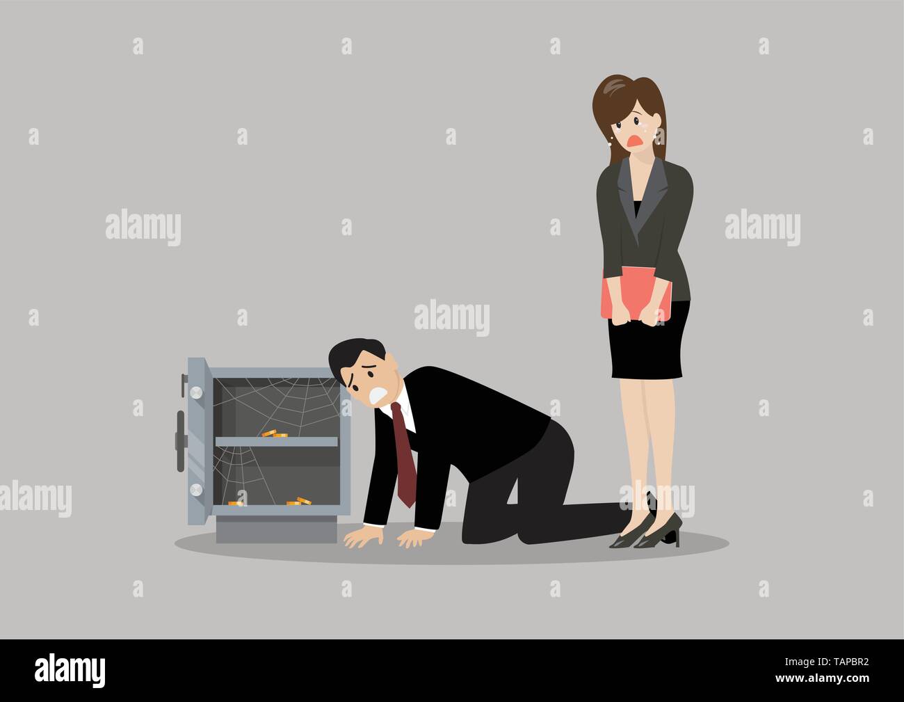 Sad businessman and woman near open door safe empty box. Business concept Stock Vector