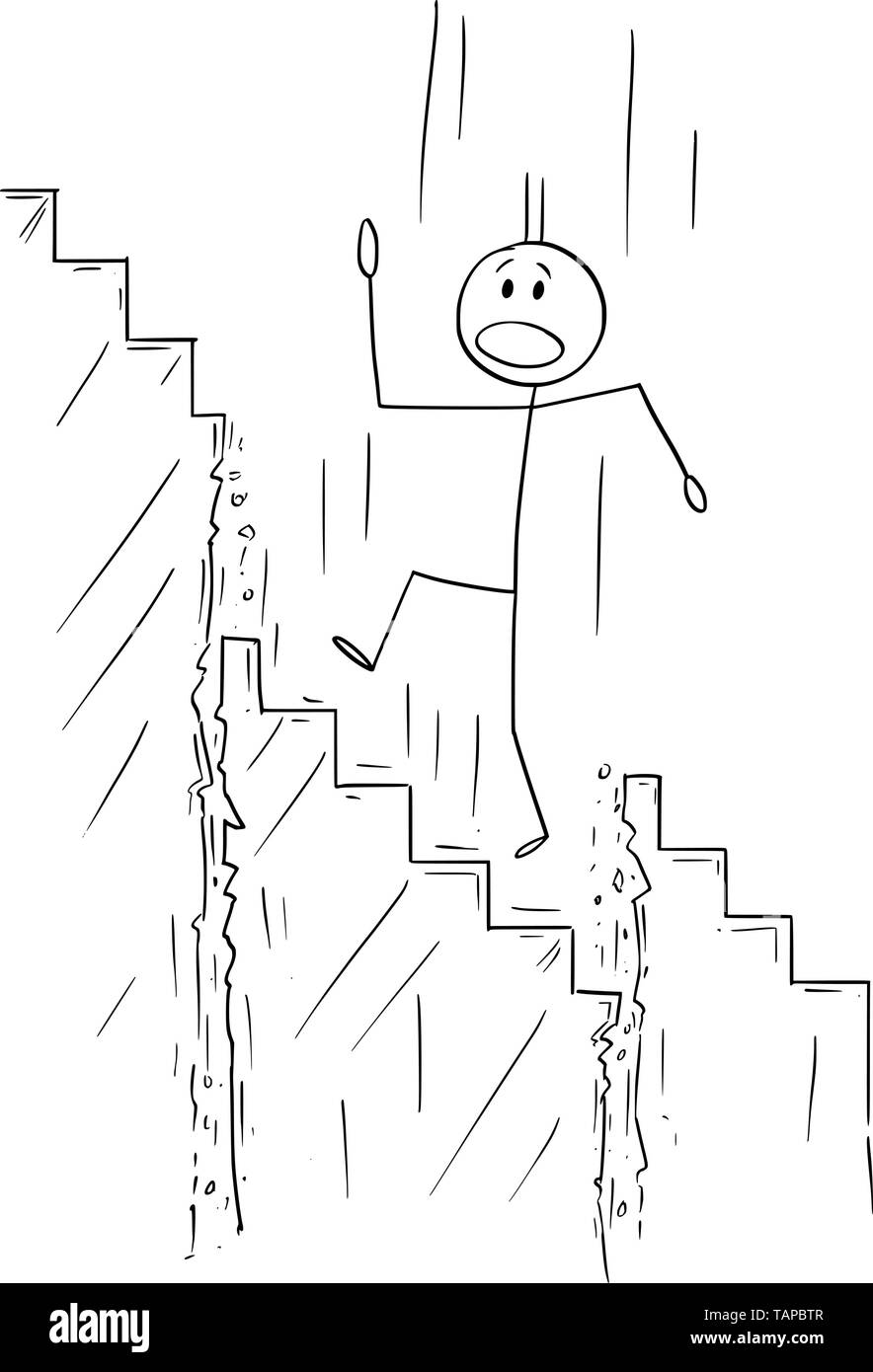 Vector cartoon stick figure drawing conceptual illustration of man or businessman walking or climbing up the stairs while staircase is collapsing and he is falling down.Business or career metaphor. Stock Vector