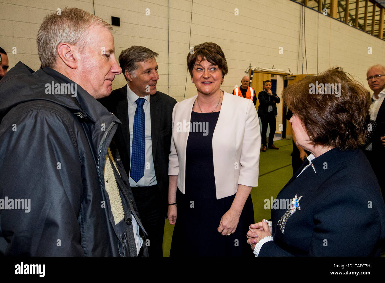 (left to right) DUP Gregory Campbell MP, DUP Paul Girvan MP, DUP leader Arlene Foster MLA and DUP candidate Diane Dodds at the European Parliamentary elections count at the Meadowbank Sports Arena in Magherafelt, Northern Ireland, as counting has begun in the race for Northern Ireland’s three European Parliament seats. Stock Photo