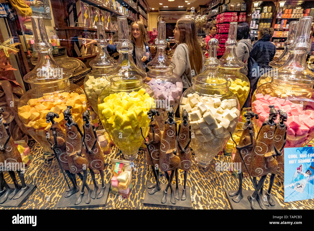 Luxury chocolates in a window display at  La Belgique Gourmande Les Galeries Royales Saint-Hubert , an elegant glazed shopping arcade in Brussels Stock Photo