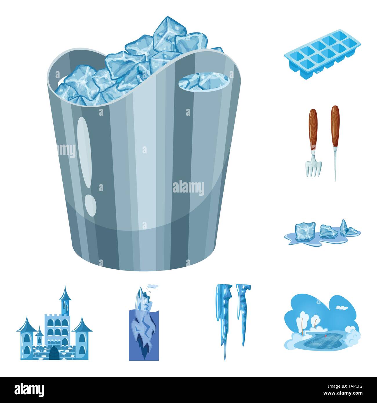 bucket,freezer,knife,cube,castle,iceberg,icicle,pond,ice,fork,packaging