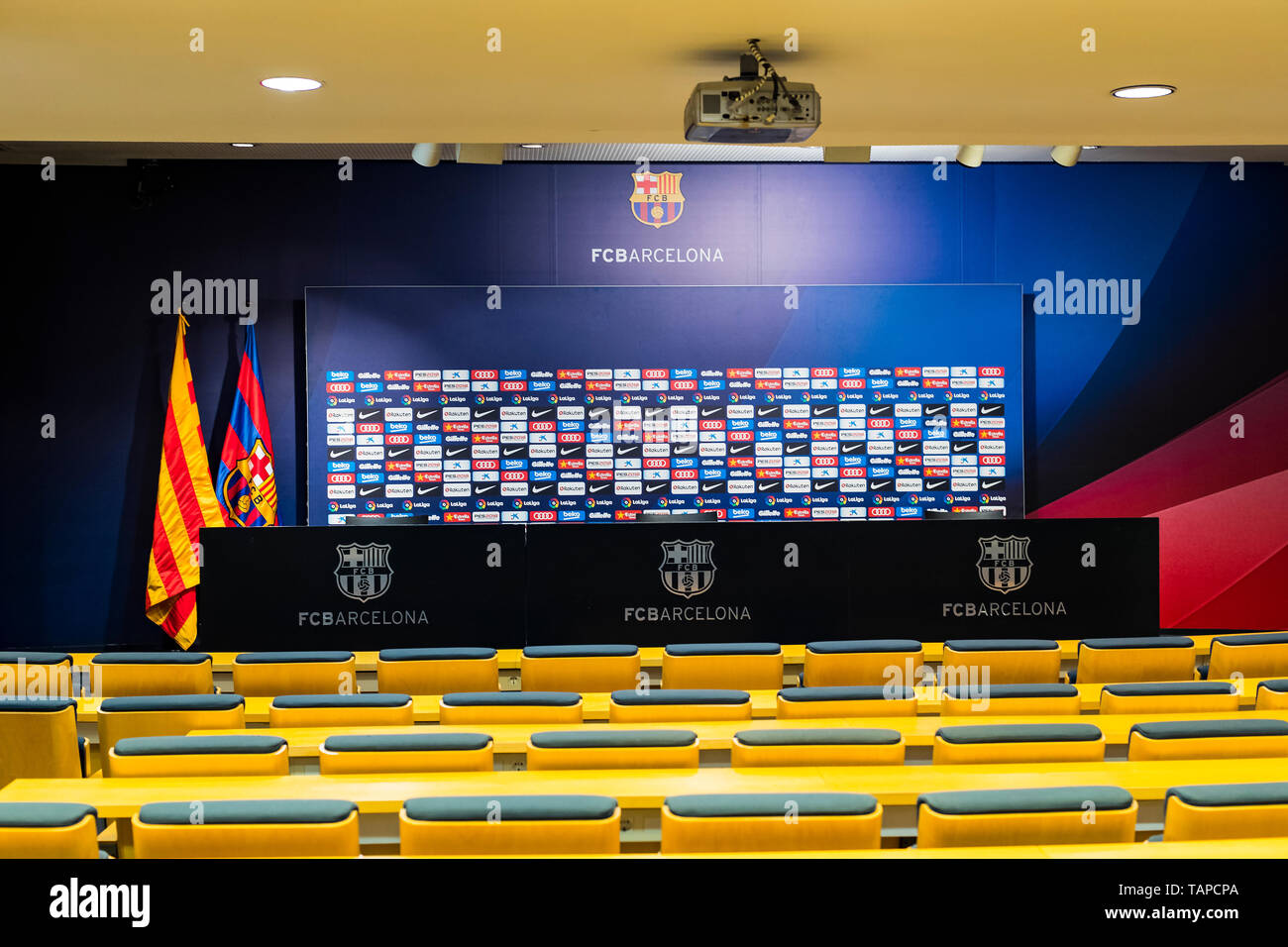 Press conference room in the Football Club Barcelona stadium Stock Photo -  Alamy