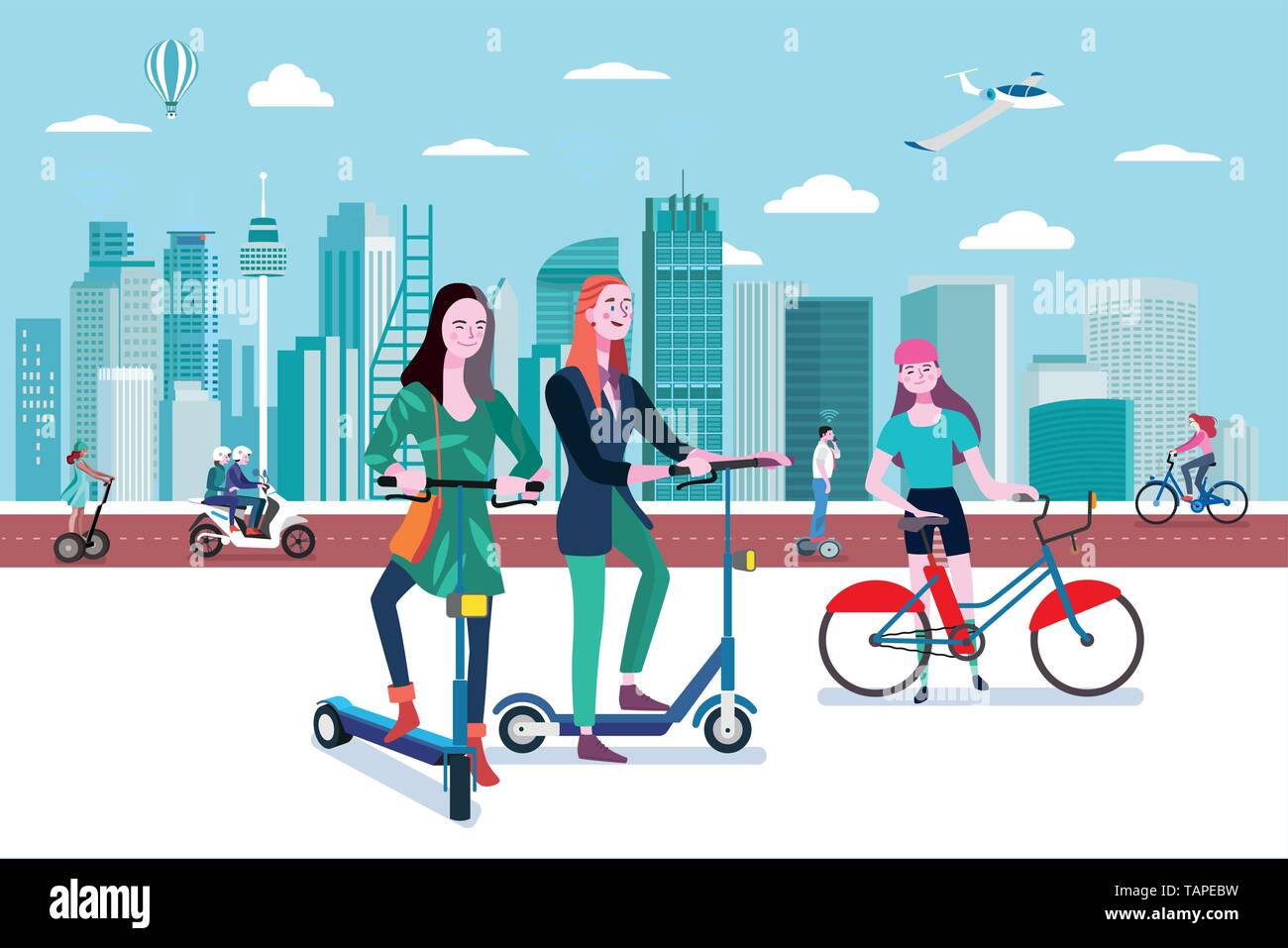 Green transport in a smart city. People riding eco transport vehicles in an smart and modern city. Easy to edit and customize. Vector illustration. Stock Vector