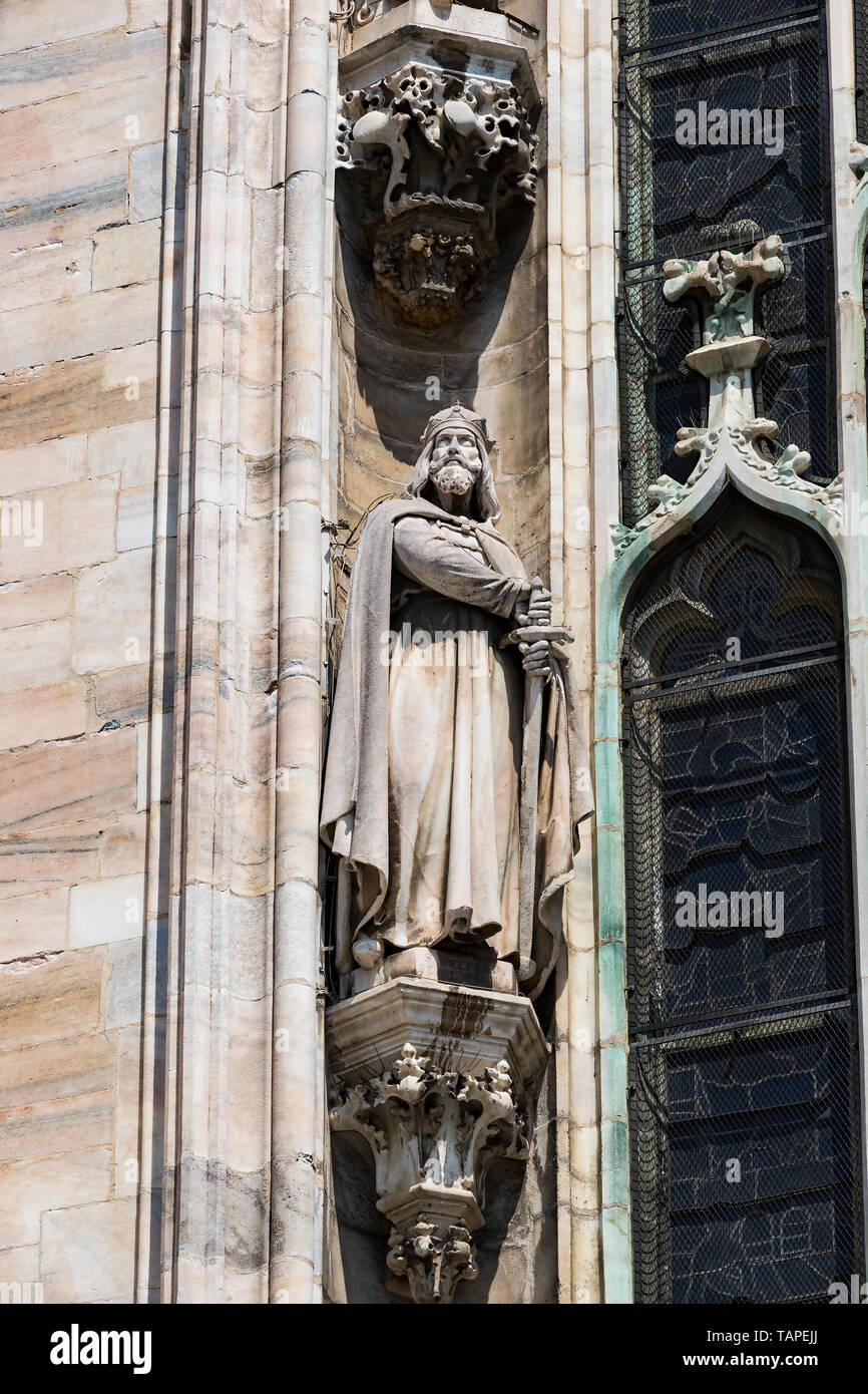 2 JUNE 2018, MILAN, ITALY Sculptures of saints and martyrs decorating