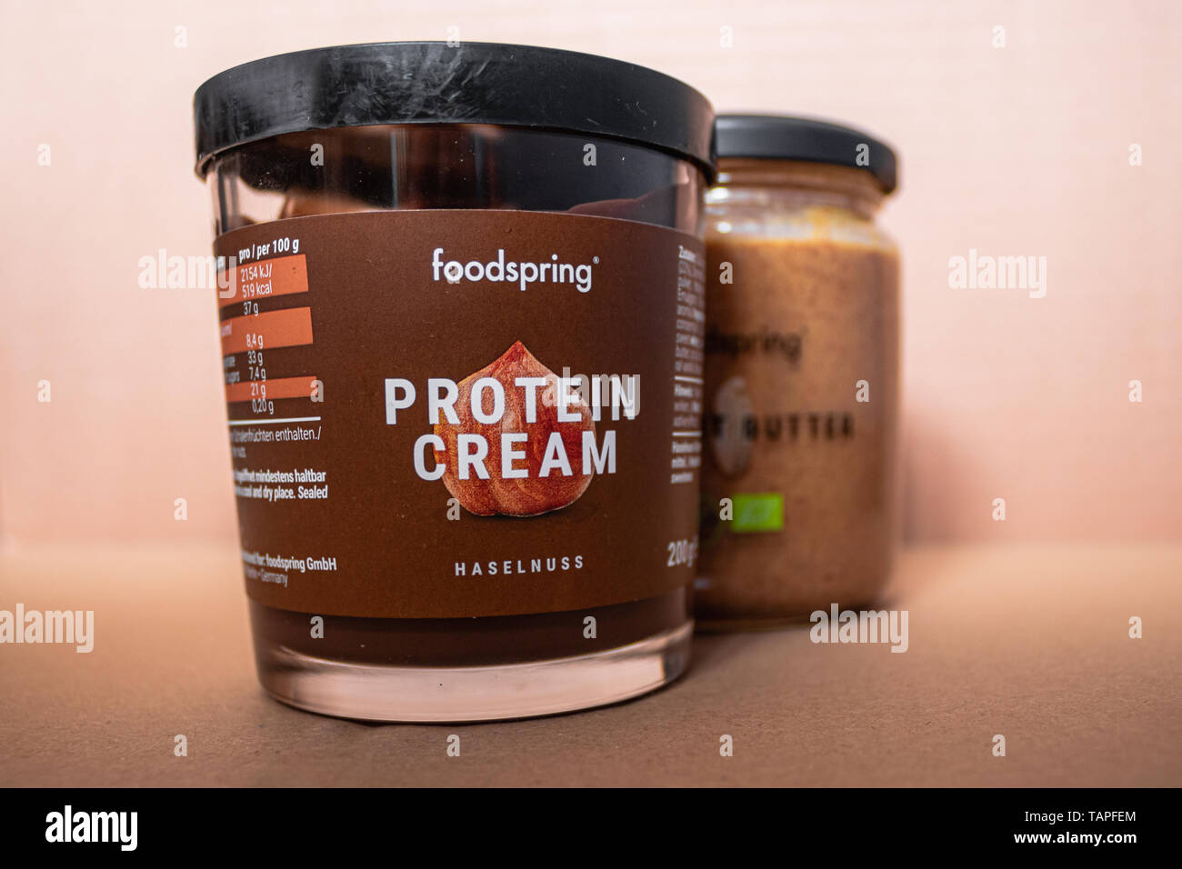 https://c8.alamy.com/comp/TAPFEM/parma-italy-27-may-2019-foodspring-protein-cream-and-peanut-butter-german-organic-brand-TAPFEM.jpg