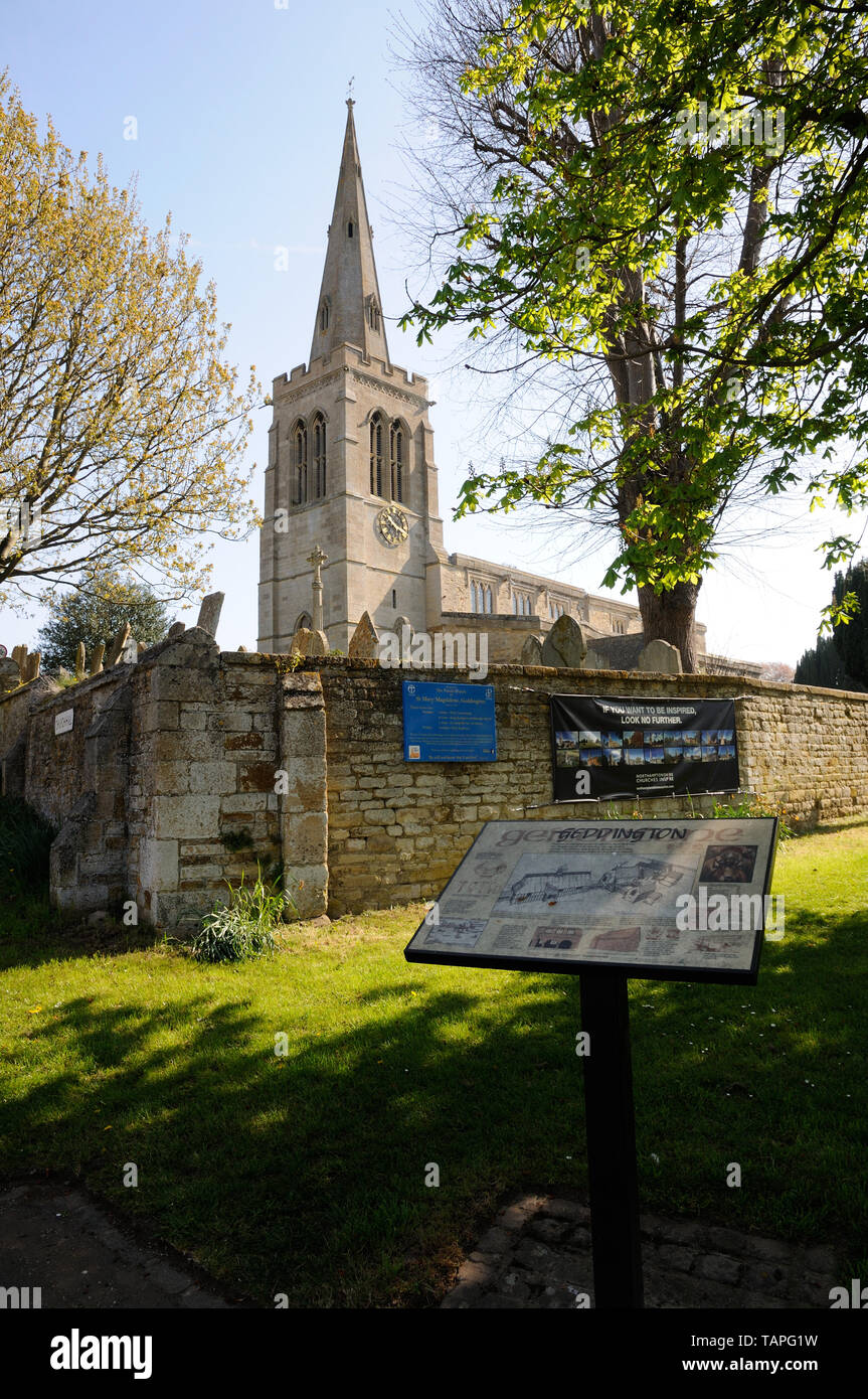 St Mary Magdalene Church, Geddington, Northamptonshire, standing a short distance from the Eleanor Cross was frequented by Plantagenet Kings. Stock Photo