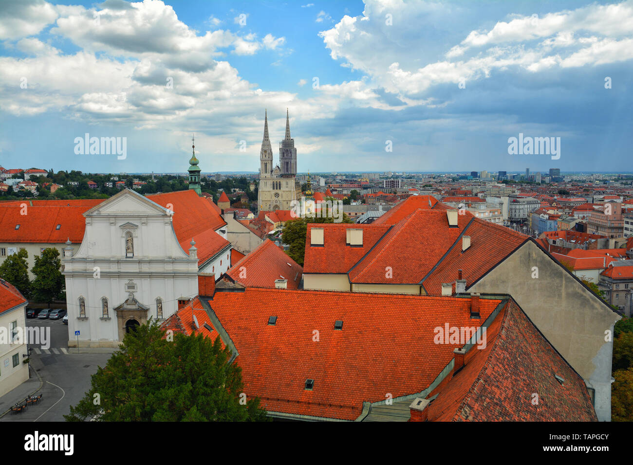 Amazing colorful rooftops and skyline of  Zagreb Old town, Croatia. St. Catherine's Church. Stock Photo