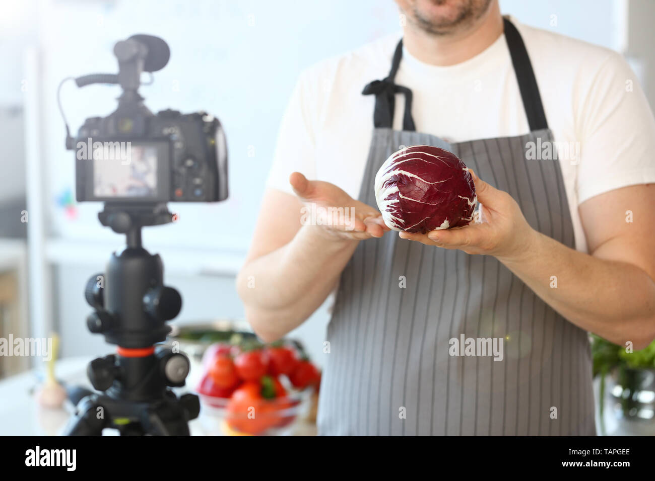 Chef Blogger Recording Cabbage Culinary Recipe Stock Photo