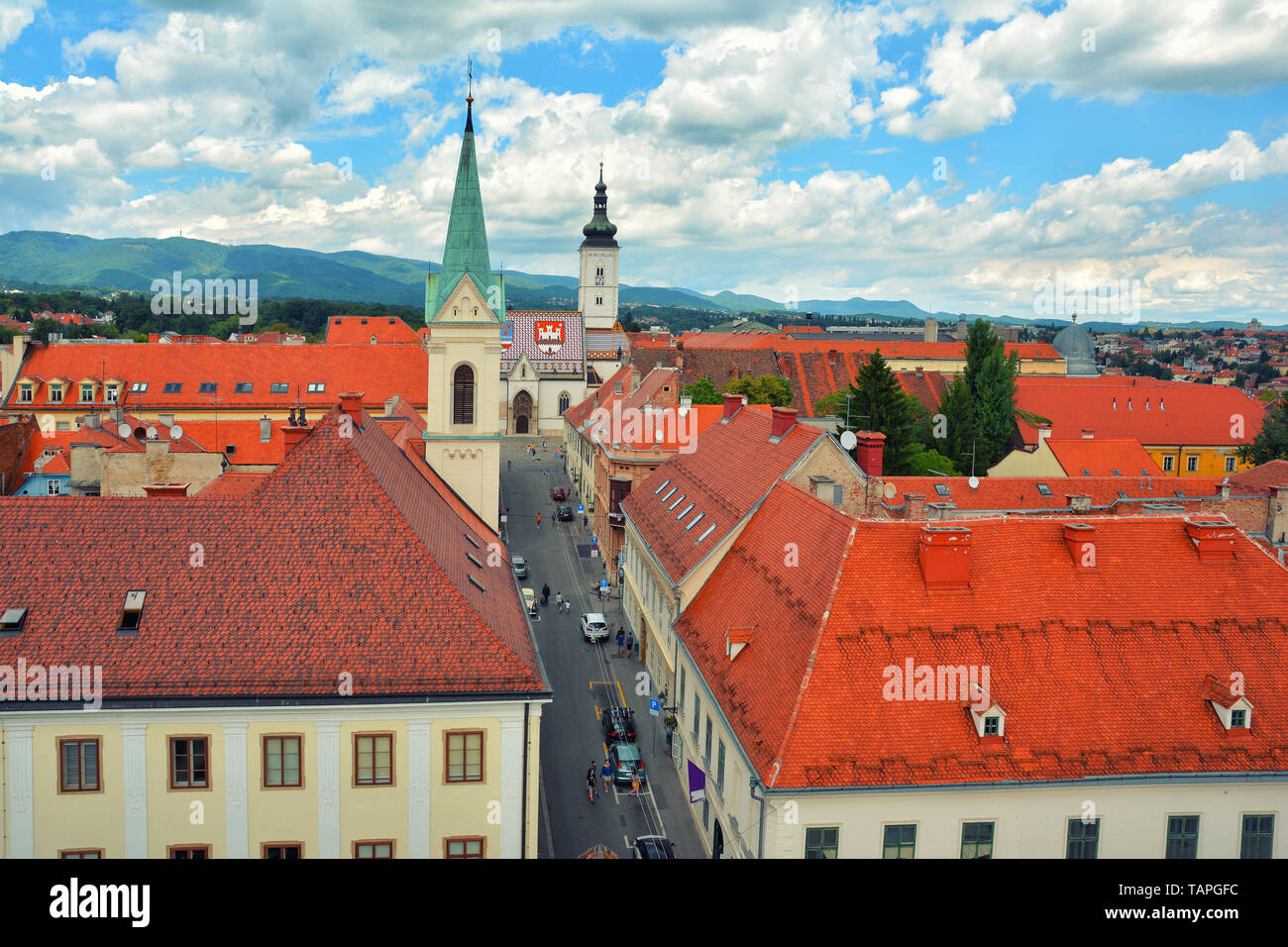 Amazing colorful rooftops and skyline with St. Mark's church of  Zagreb Old town, Croatia. Stock Photo