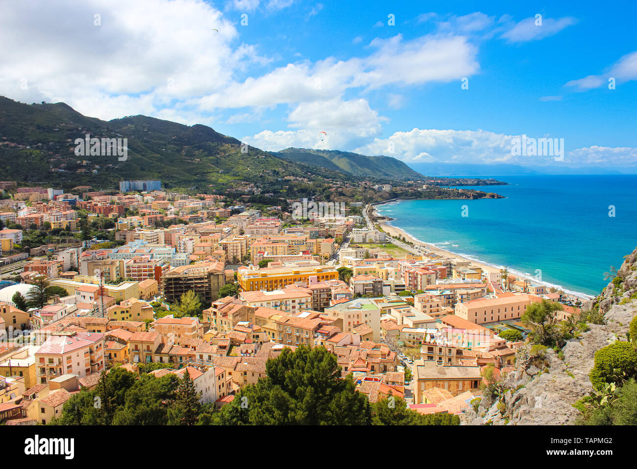 Beautiful view of Cefalu, Sicily, Italy taken from adjacent hills overlooking the bay. The amazing city on the Tyrrhenian coast is popular summer spot Stock Photo
