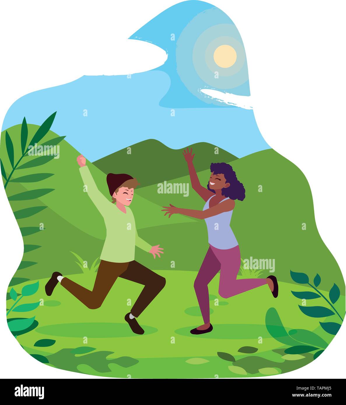 interracial young couple celebrating in the camp vector illustration ...