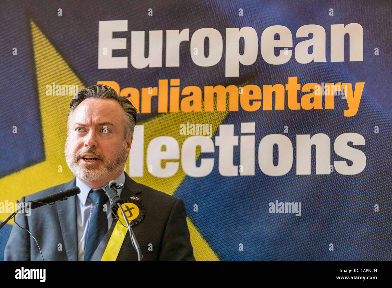 The results of the European Parliamentary Elections for the Scotland Region are announced at the City Chambers in Edinburgh. Scotland's six new MEPs will be the SNP's Alyn Smith, Christian Allard and Aileen McLeod, Louis Stedman-Bruce of the Brexit Party, Sheila Ritchie of the Liberal Democrats and Baroness Nosheena Mobarik of the Conservatives. Pictured: Alyn Smith of the SNP Stock Photo