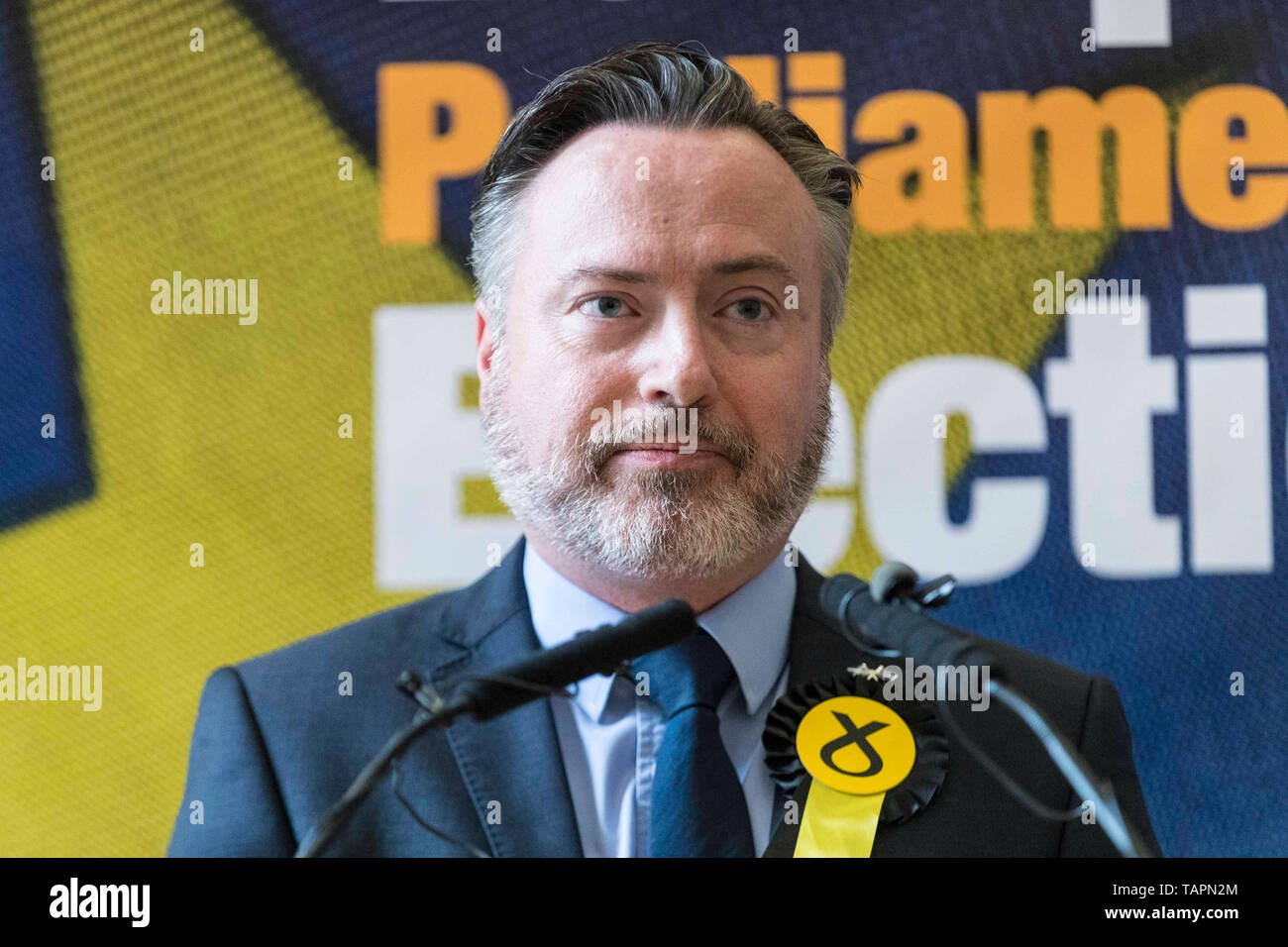 The results of the European Parliamentary Elections for the Scotland Region are announced at the City Chambers in Edinburgh. Scotland's six new MEPs will be the SNP's Alyn Smith, Christian Allard and Aileen McLeod, Louis Stedman-Bruce of the Brexit Party, Sheila Ritchie of the Liberal Democrats and Baroness Nosheena Mobarik of the Conservatives. Pictured: Alyn Smith of the SNP Stock Photo