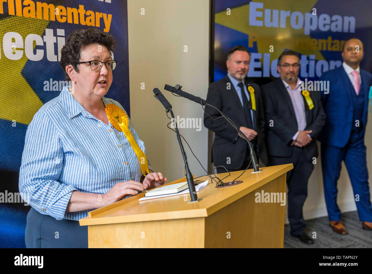 The results of the European Parliamentary Elections for the Scotland Region are announced at the City Chambers in Edinburgh. Scotland's six new MEPs will be the SNP's Alyn Smith, Christian Allard and Aileen McLeod, Louis Stedman-Bruce of the Brexit Party, Sheila Ritchie of the Liberal Democrats and Baroness Nosheena Mobarik of the Conservatives. Pictured: Sheila Ritchie of the Liberal Democrats Stock Photo