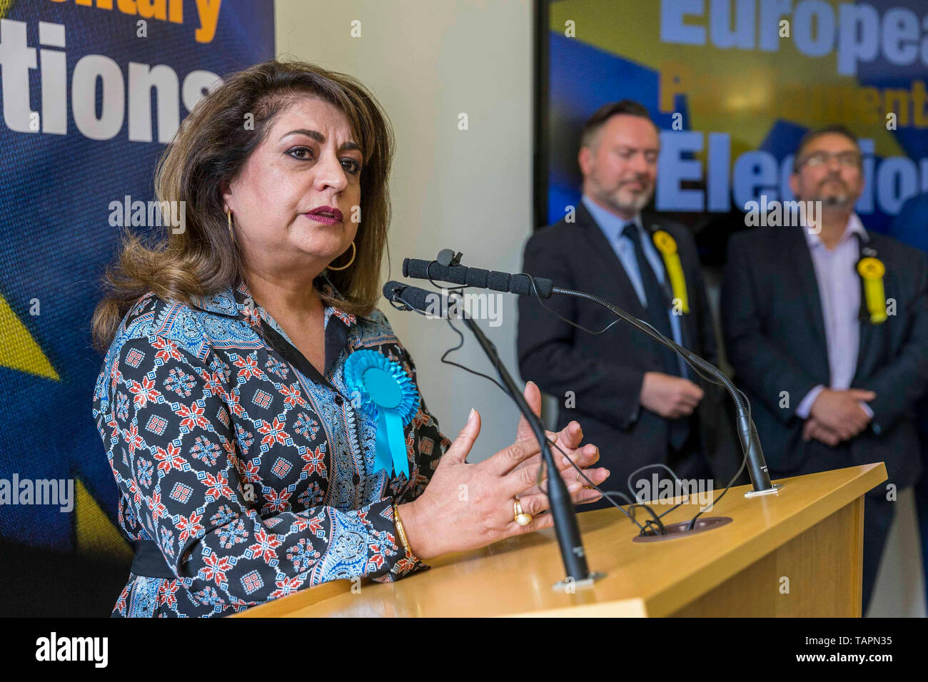 The results of the European Parliamentary Elections for the Scotland Region are announced at the City Chambers in Edinburgh. Scotland's six new MEPs will be the SNP's Alyn Smith, Christian Allard and Aileen McLeod, Louis Stedman-Bruce of the Brexit Party, Sheila Ritchie of the Liberal Democrats and Baroness Nosheena Mobarik of the Conservatives. Pictured: Baroness Nosheena Mobarik of the Conservatives Stock Photo