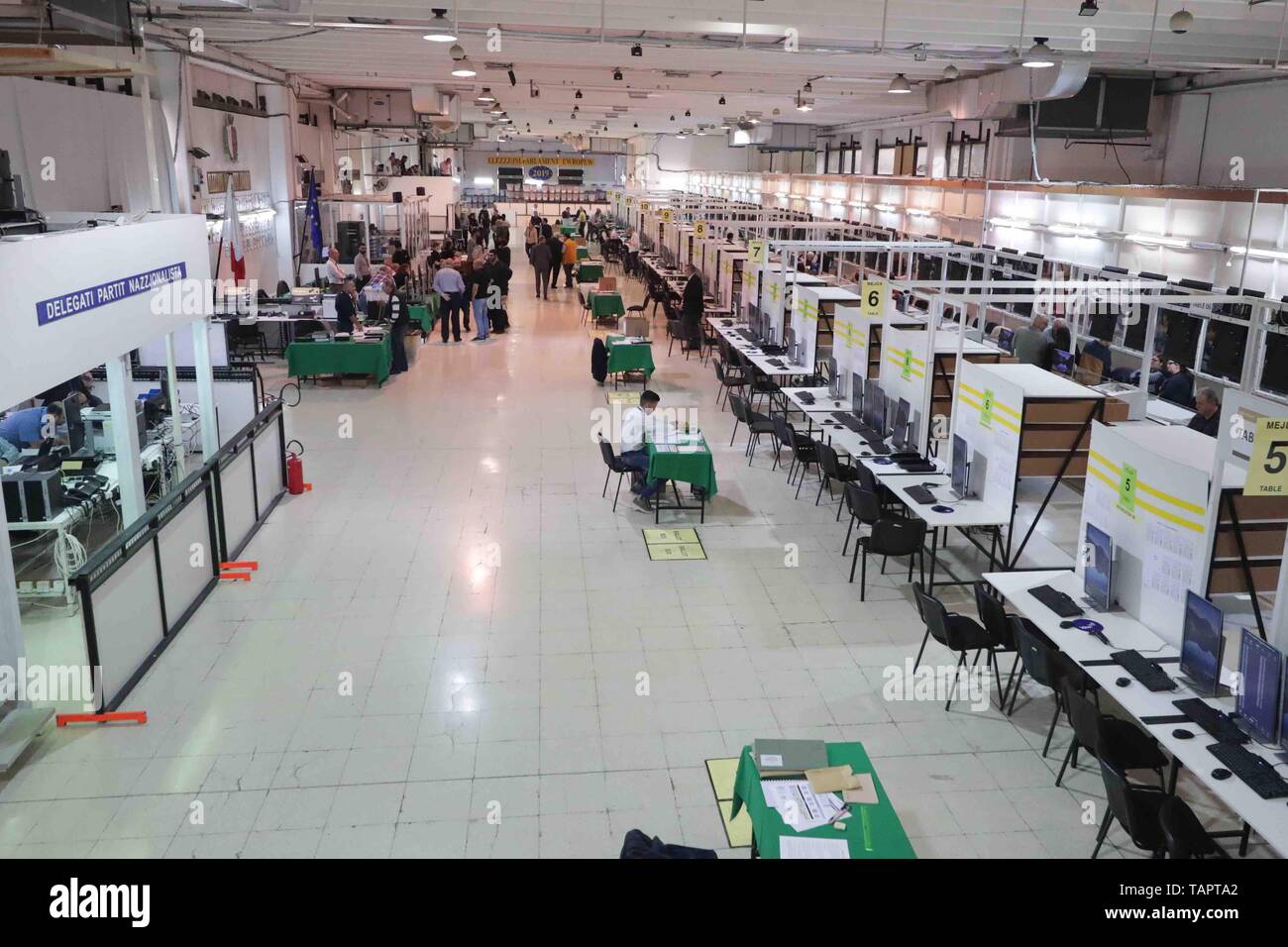 Naxxar, Malta. 26th May, 2019. Polling officials work at a counting hall in Naxxar, Malta, on May 26, 2019. Malta, polls closed after p.m. local time (2000 GMT) on May