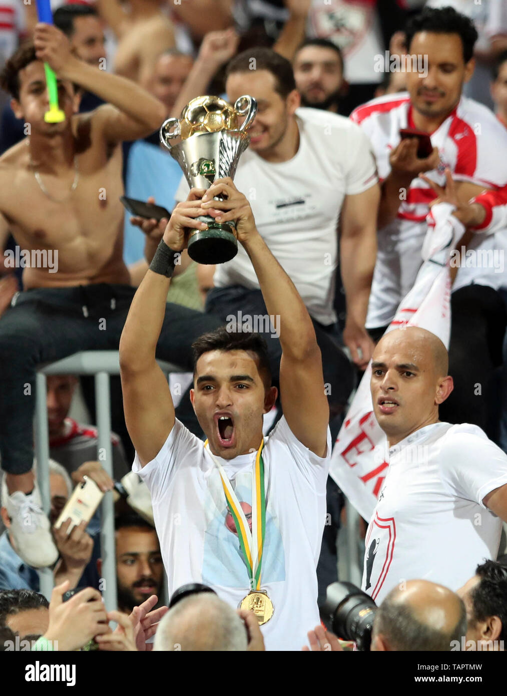 Alexandria. 26th May, 2019. Players of Zamalek celebrate after winning the 2019 CAF Confederation Cup final between Egypt's Zamalek and Morocco's RS Berkane in Alexandria, Egypt on May 26, 2019. Zamalek won their first-ever CAF Confederation Cup title after a 5-3 penalty shootout win over Morocco's RS Berkane. Credit: Ahmed Gomaa/Xinhua/Alamy Live News Stock Photo