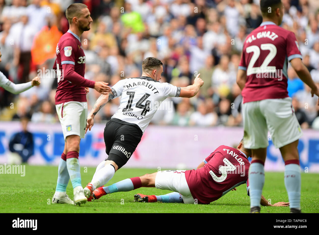 London, UK. 27th May, 2019. Jack Marriott (14) of Derby County celebrates after scoring a goal to make it 2-1 during the Sky Bet Championship match between Aston Villa and Derby County at Wembley Stadium, London on Monday 27th May 2019. (Credit: Jon Hobley | MI News) Credit: MI News & Sport /Alamy Live News Stock Photo