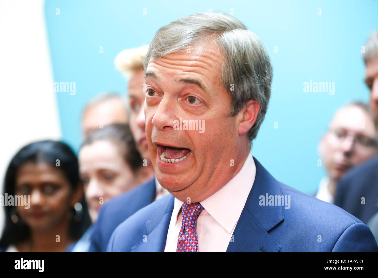 London, UK. 27th May, 2019. Westminster, London, 27 May 2019 - Nigel Farage, leader of the Brexit Party and a MEP for South East England speaking at the EU election results press conference in Westminster. The newly formed Brexit Party wants the UK to leave the EU without an agreement won 10 of the UK's 11 regions, gaining 28 seats, more than 32% of the vote across the country and are largest party in nine regions. Credit: Dinendra Haria/Alamy Live News Stock Photo