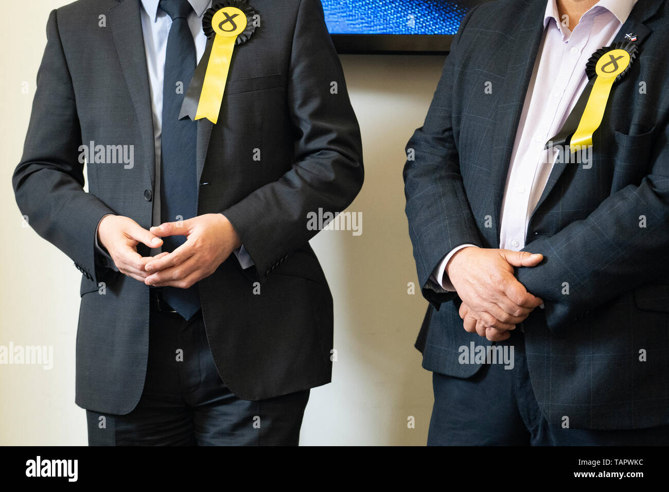 Edinburgh, Scotland, UK. 27th May, 2019. The six new Scottish MEPs are declared at the City Chambers in Edinburgh, Pictured SNP's Alyn Smith, l, Christian Allard Credit: Iain Masterton/Alamy Live News Stock Photo