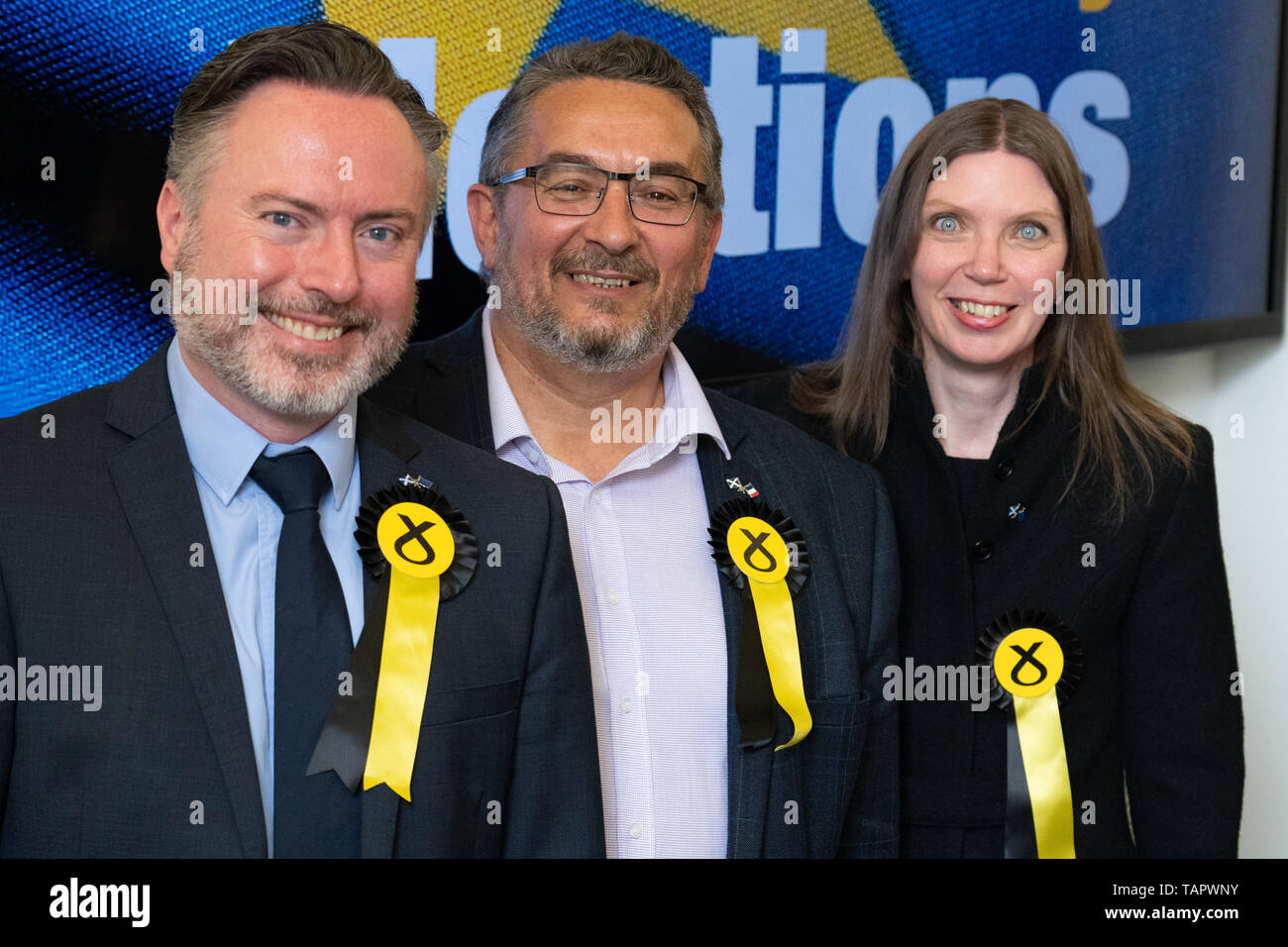 Edinburgh, Scotland, UK. 27th May, 2019. The six new Scottish MEPs are declared at the City Chambers in Edinburgh, Pictured l to r SNP's Alyn Smith, Christian Allard and Aileen McLeod, Credit: Iain Masterton/Alamy Live News Stock Photo