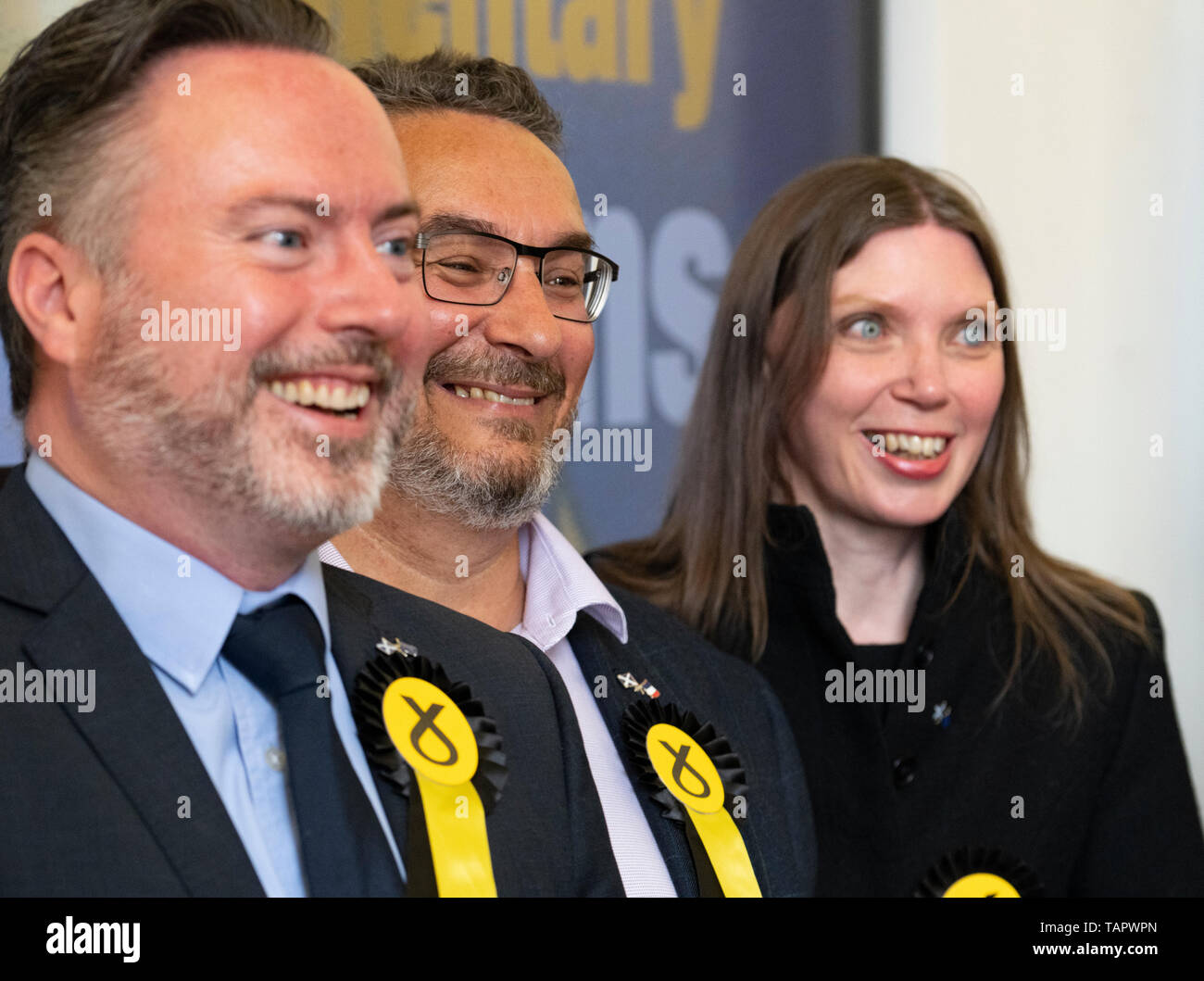 Edinburgh, Scotland, UK. 27th May, 2019. The six new Scottish MEPs are declared at the City Chambers in Edinburgh, Pictured l to r SNP's Alyn Smith, Christian Allard and Aileen McLeod, Credit: Iain Masterton/Alamy Live News Stock Photo