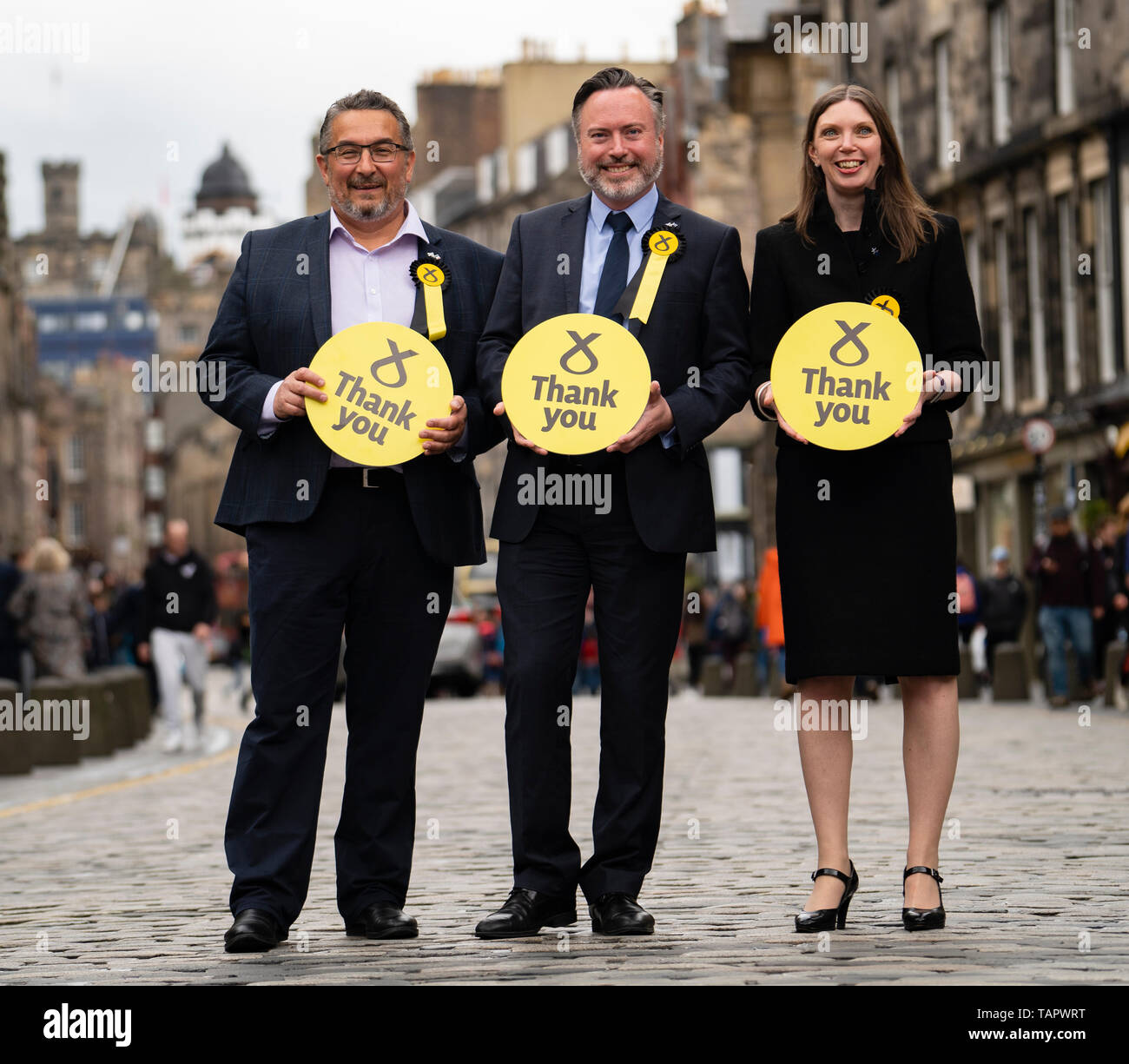 Edinburgh, Scotland, UK. 27th May, 2019. The six new Scottish MEPs are declared at the City Chambers in Edinburgh,  Pictured l to r SNP's Christian Allard, Alyn Smith, and Aileen McLeod, Credit: Iain Masterton/Alamy Live News Stock Photo