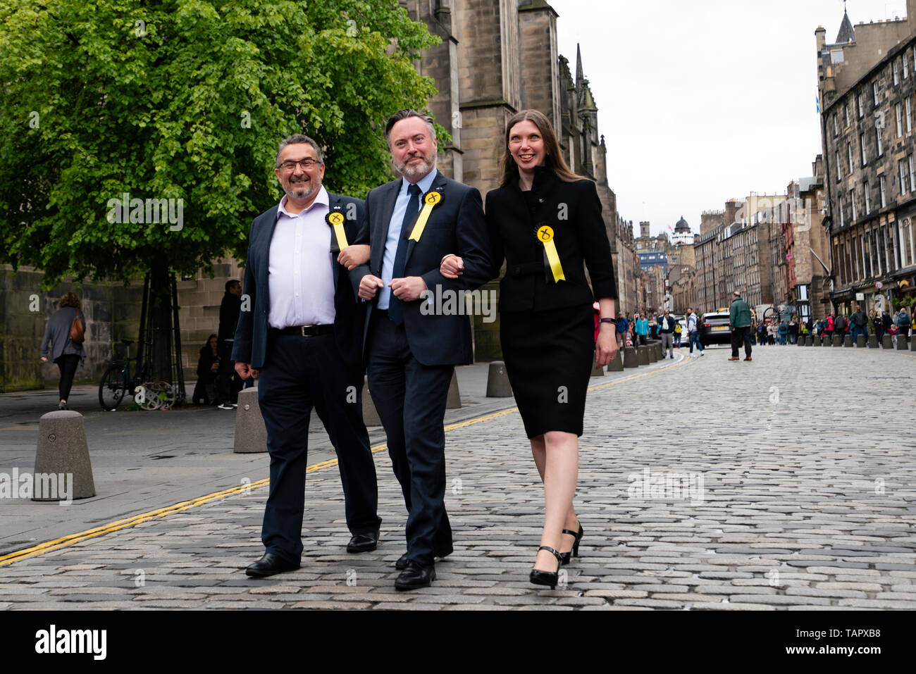 Edinburgh, Scotland, UK. 27th May, 2019. The six new Scottish MEPs are declared at the City Chambers in Edinburgh, Pictured l to r SNP's Christian Allard, Alyn Smith, and Aileen McLeod, Credit: Iain Masterton/Alamy Live News Stock Photo