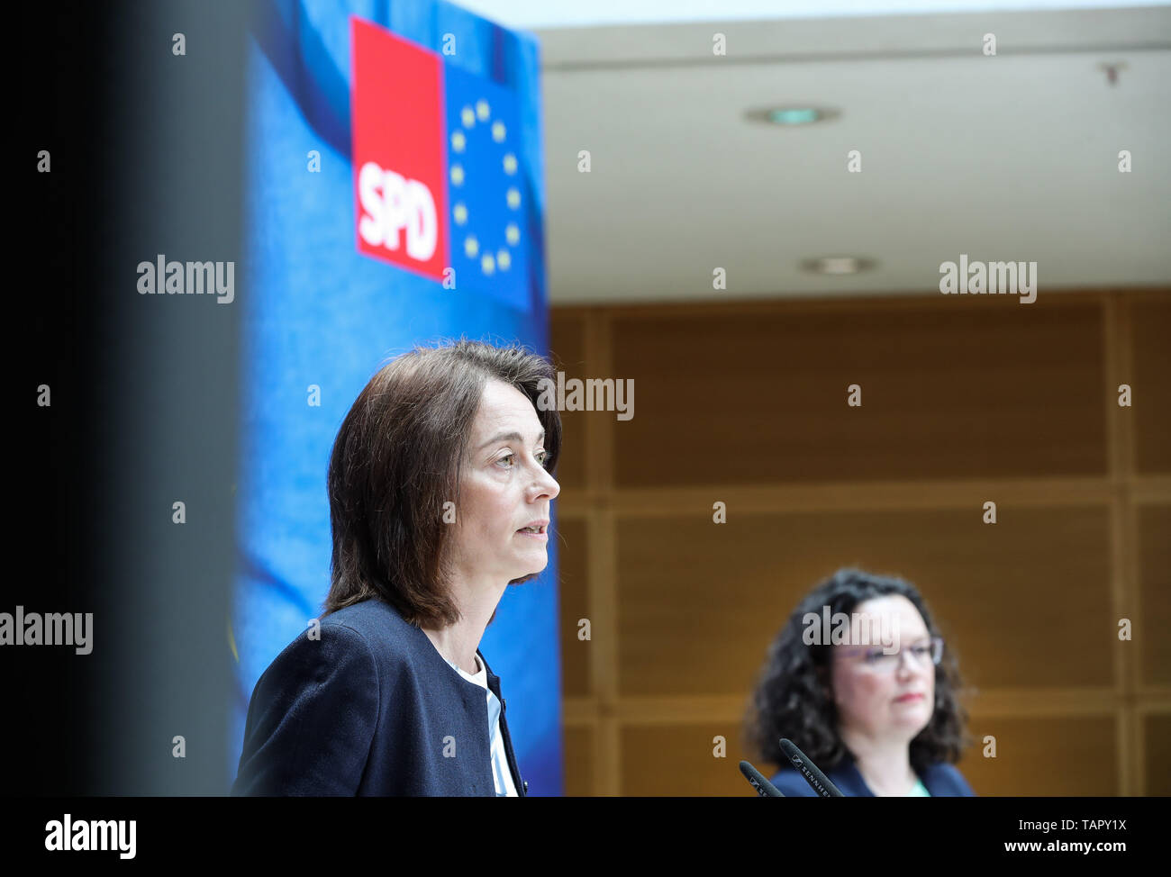 Berlin, Germany. 27th May, 2019. Katarina Barley (L), German Justice Minister and top candidate of German Social Democratic Party (SPD) in the European parliamentary elections, attends a press conference at the headquarters of SPD in Berlin, capital of Germany, May 27, 2019. The German governing coalition parties, the Social Democrats (SPD) and the conservative union CDU/CSU, suffered significant losses in the European elections, according to the official results published by the European Parliament on Monday. Credit: Dan Yuqi/Xinhua/Alamy Live News Stock Photo
