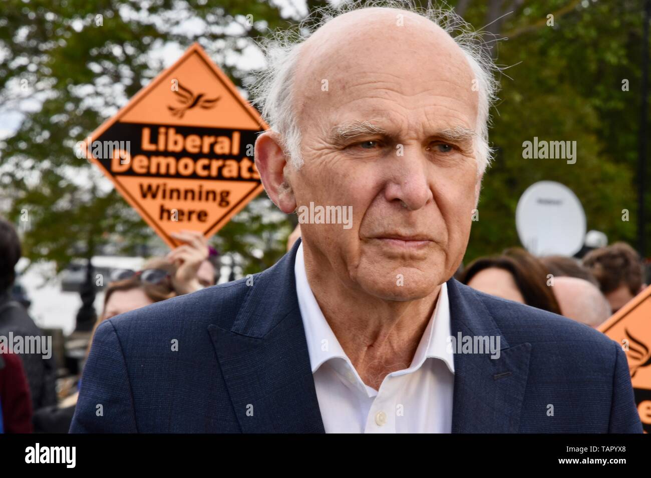 London, UK. 27th May 2019. Vince Cable was joined by activists and the party's three new MEPs for London to celebrate the best ever Liberal Democrat European Election result in the Party's History.  Lambeth Palace Rd,  London. UK Credit:  michael melia/Alamy Live News Stock Photo