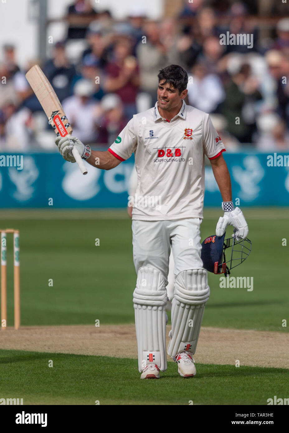 Chelmsford, UK. 27th May, 2019. Alastair Cook of Essex Cricket Club (right) celebrates his century  during Specsavers County Championship match between Essex vs Kent at The Cloudfm County Ground on Monday, May 27, 2019 in  Chelmsford England. (Editorial use only, license required for commercial use. No use in betting, games or a single club/league/player publications.) Credit: Taka G Wu/Alamy Live News Stock Photo