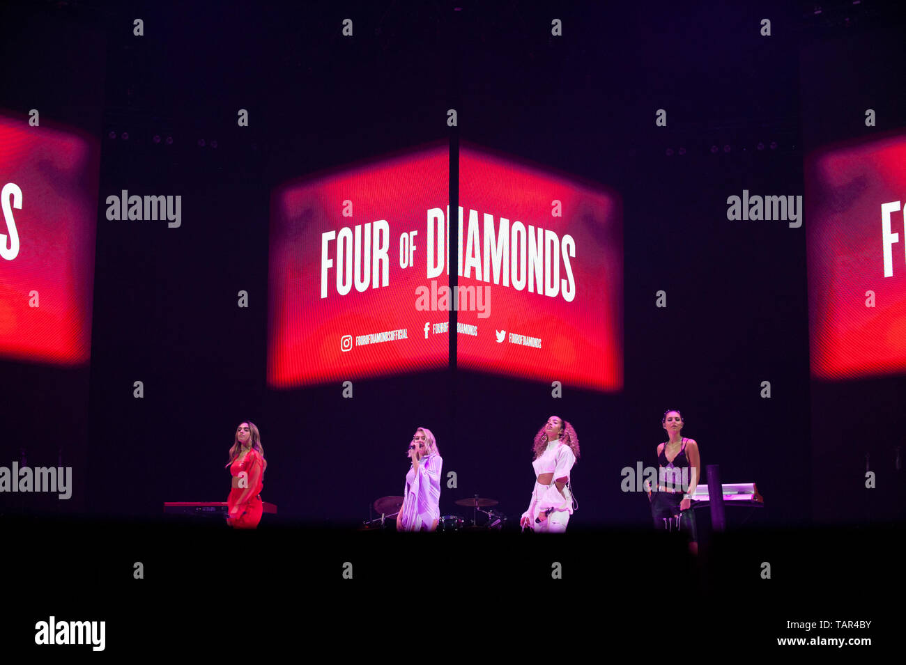 Liverpool, UK. 27th May 2019.  British girl group, and former X Factor contestants, Four of Diamonds, perform as support for Rita Ora during her ‘Phoenix’ tour, at the Liverpool M&S Bank Arena. Credit: Paul Warburton/Alamy Live News Stock Photo