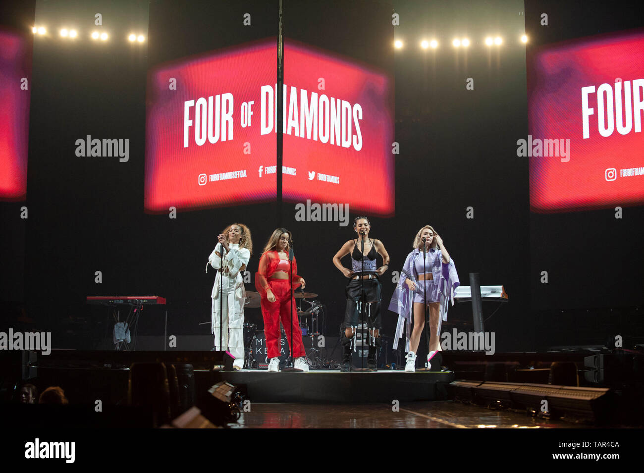 Liverpool, UK. 27th May 2019.  British girl group, and former X Factor contestants, Four of Diamonds, perform as support for Rita Ora during her ‘Phoenix’ tour, at the Liverpool M&S Bank Arena. Credit: Paul Warburton/Alamy Live News Stock Photo