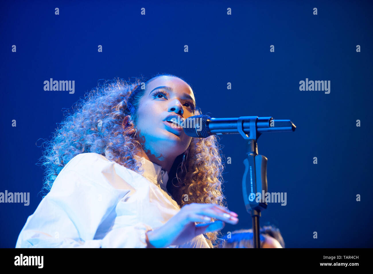 Liverpool, UK. 27th May 2019.  British girl group, and former X Factor contestants, Four of Diamonds, perform as support for Rita Ora during her ‘Phoenix’ tour, at the Liverpool M&S Bank Arena. Pictured is Yasmin Broom.  Credit: Paul Warburton/Alamy Live News Stock Photo