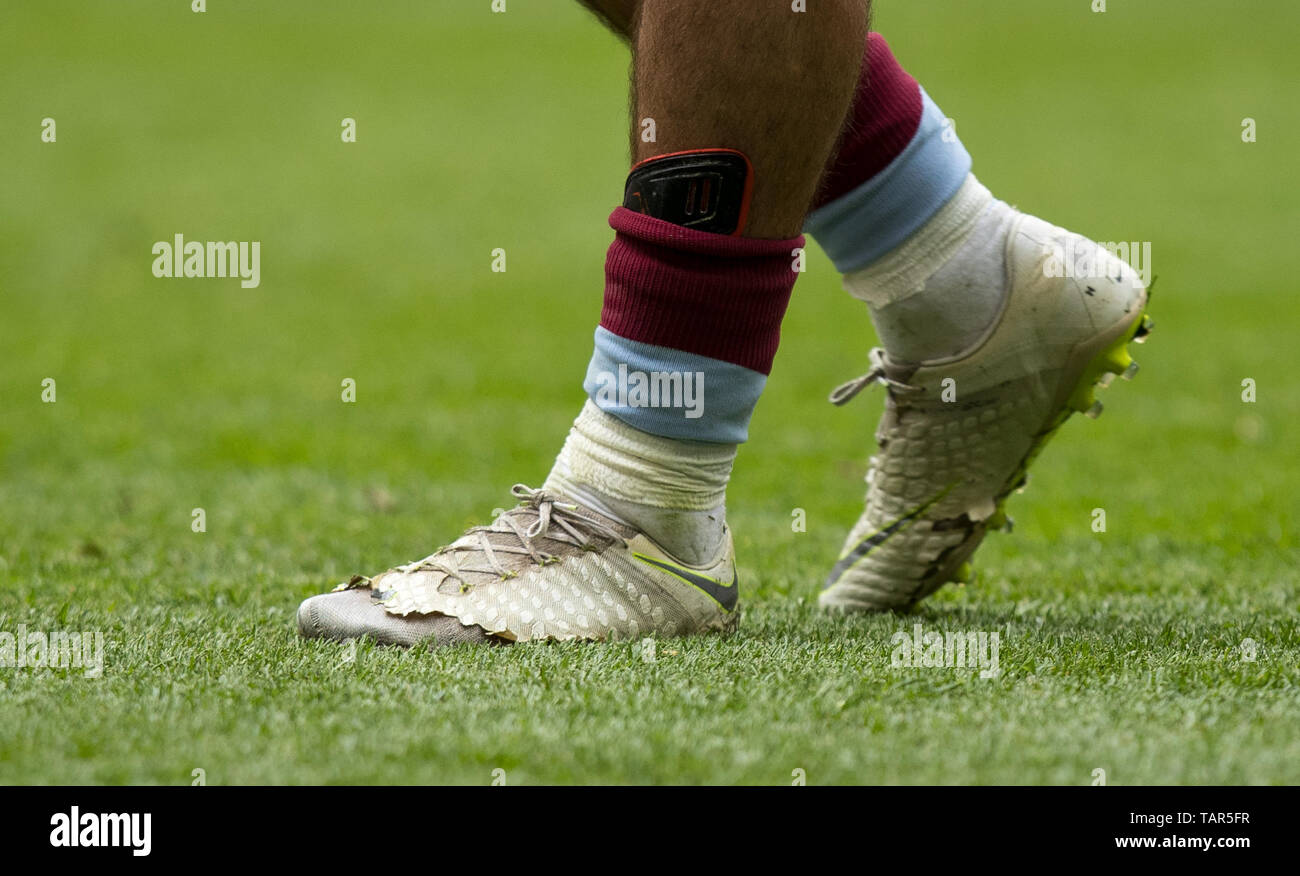 London, UK. 27th May, 2019. The 'Lucky' Nike football boots of Jack Grealish of Aston Villa during the Sky Bet Championship Play-Off FINAL match between Aston Villa and Derby County at Wembley Stadium, London, England on 27 May 2019. Photo by Andy Rowland. Credit: PRiME Media Images/Alamy Live News Stock Photo