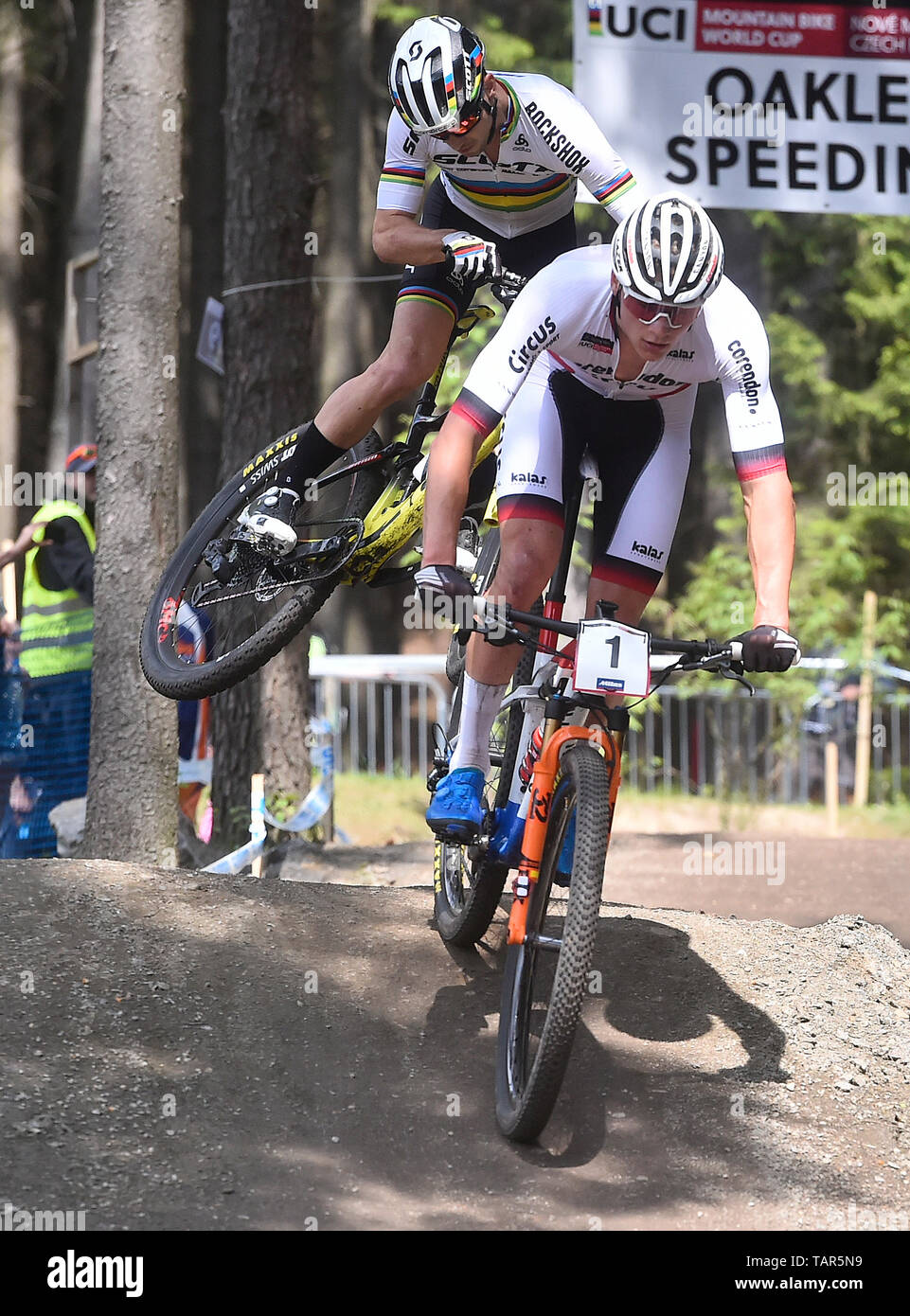 From left NINO SCHURTER of Switzerland and MATHIEU VAN DER POEL of  Netherlands in action during the men elite Cross Country Mountain Bike  World Cup event in Nove Mesto na Morave, Czech