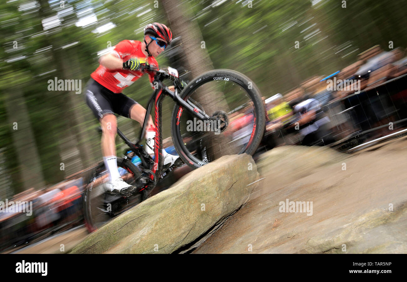 MATHIAS FLUCKIGER of Switzerland in action during the men elite Cross  Country Mountain Bike World Cup event in Nove Mesto na Morave, Czech  Republic, May 26, 2019. (CTK Photo/Libor Plihal Stock Photo -