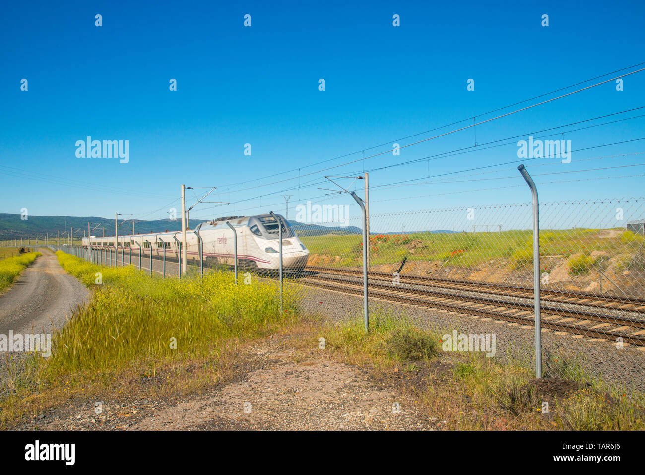 Alvia high speed train traveling. Valle de Alcudia, Ciudad Real province, Castilla La Mancha, Spain. Stock Photo