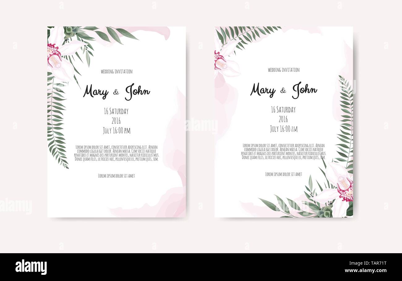 Botanical wedding invitation card template design, white and pink ...