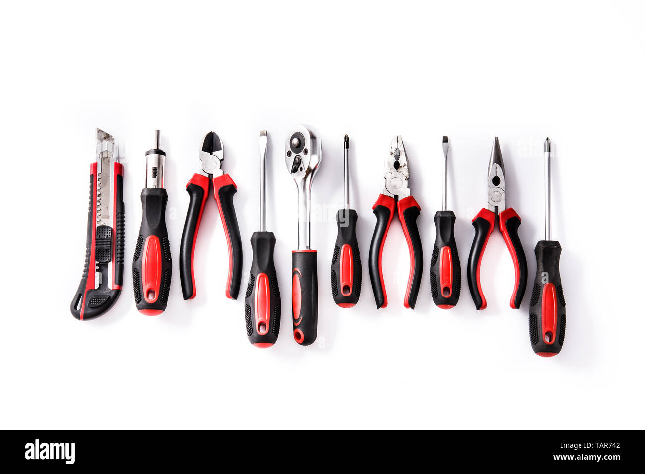 Building tools repair set pattern isolated on white background. Top view Stock Photo