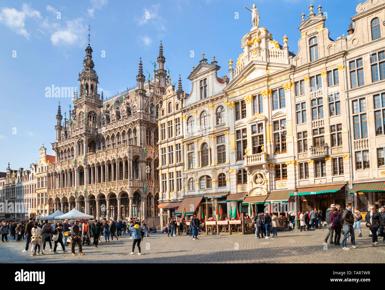 Brussels grand place Brussels cafe restaurant and the guild halls grand place Bruxelles near the Museum of the City of Brussels Belgium EU Europe Stock Photo