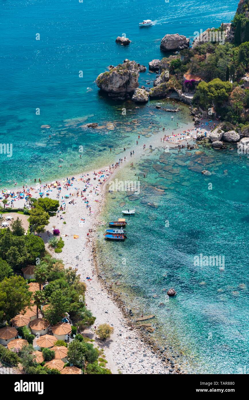 Top View Of Isola Bella Nature Reserve People Swimming In The Sea By The Beach Of Taormina Sicily Stock Photo Alamy